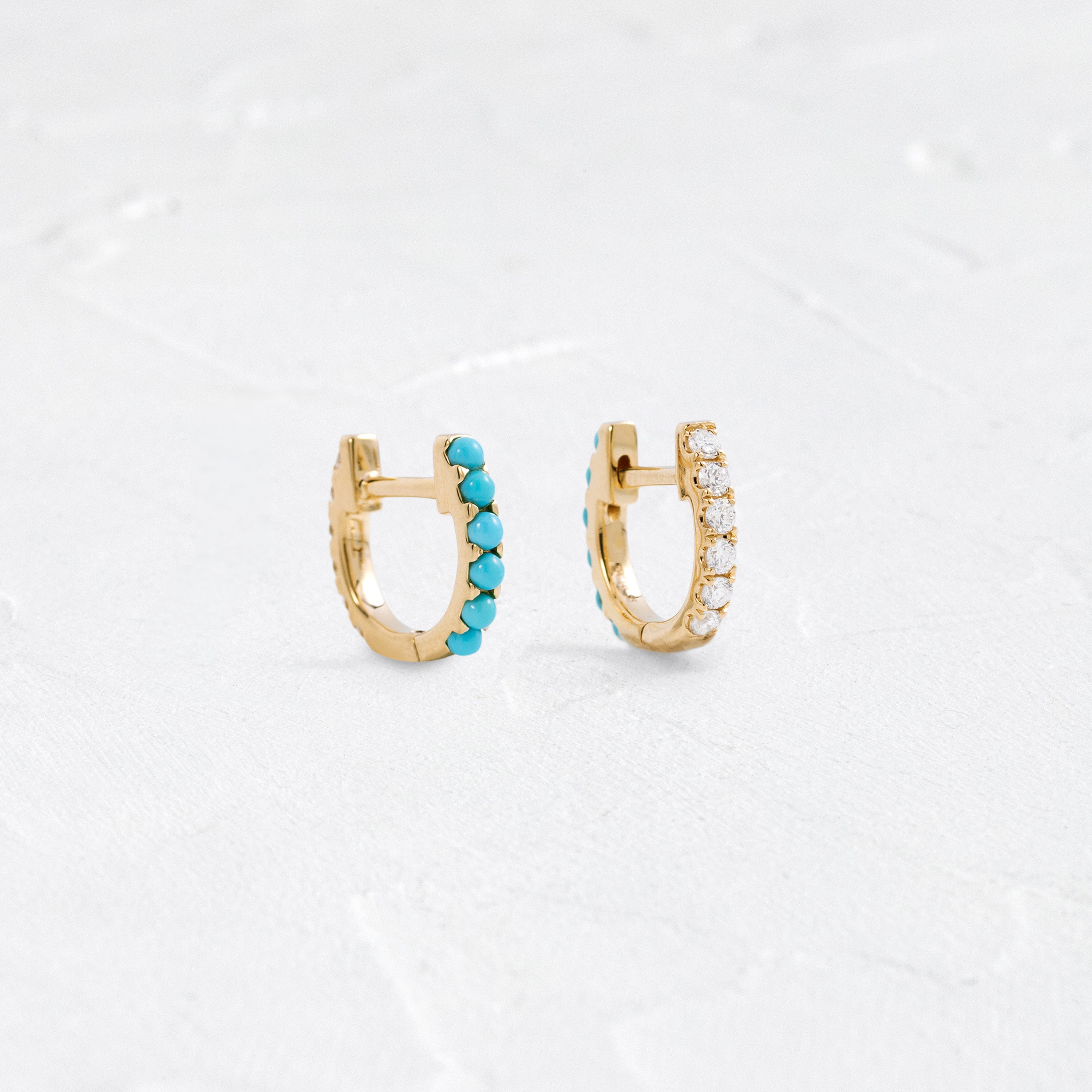 Reversible Diamond Turquoise Mini Huggie Earrings In Stock