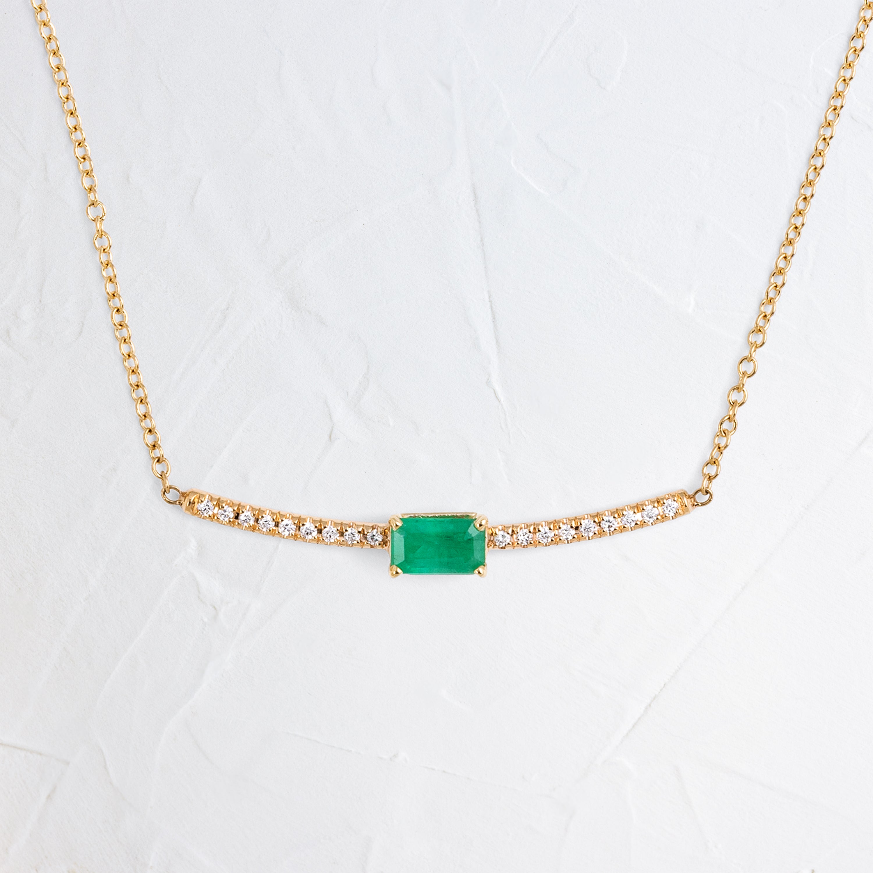 14k Emerald Cut Emerald Curved Pave Diamond Bar Necklace - In