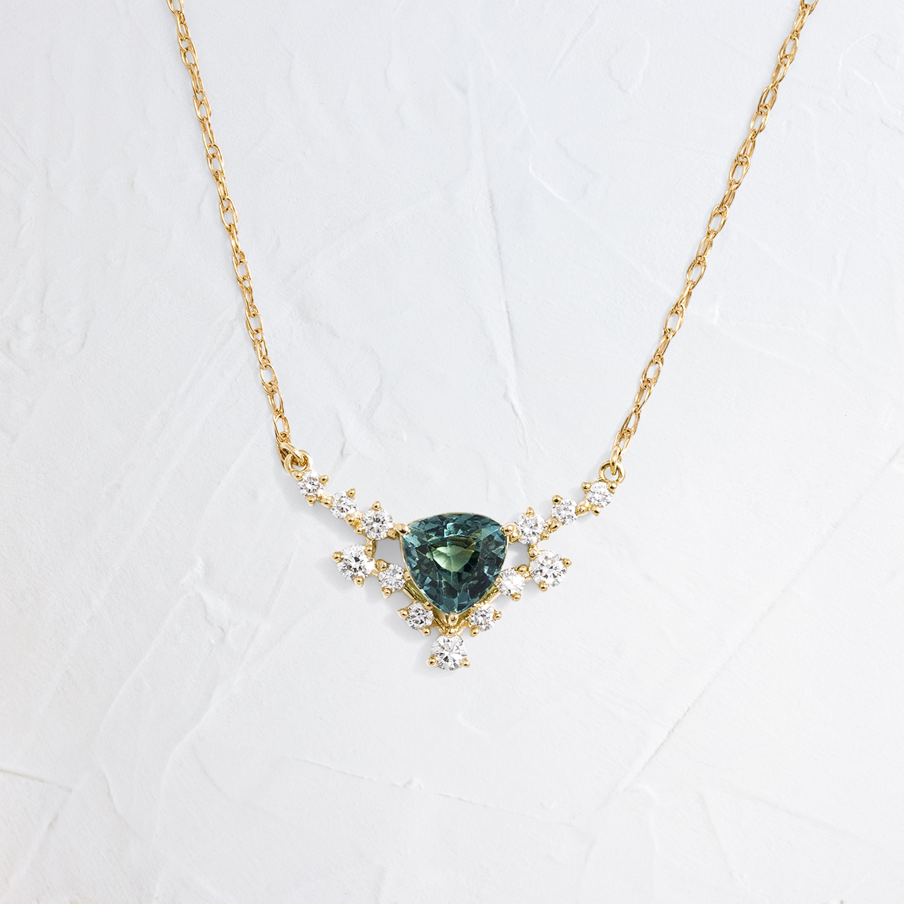 Triangle Tinsel Necklace, 1.02ct. Greenish Blue Ethiopia Sapphire