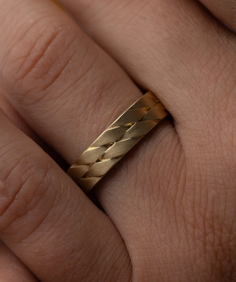 Photo showcases a model wearing the Melanie Casey men's Two Twines Band on his hand.