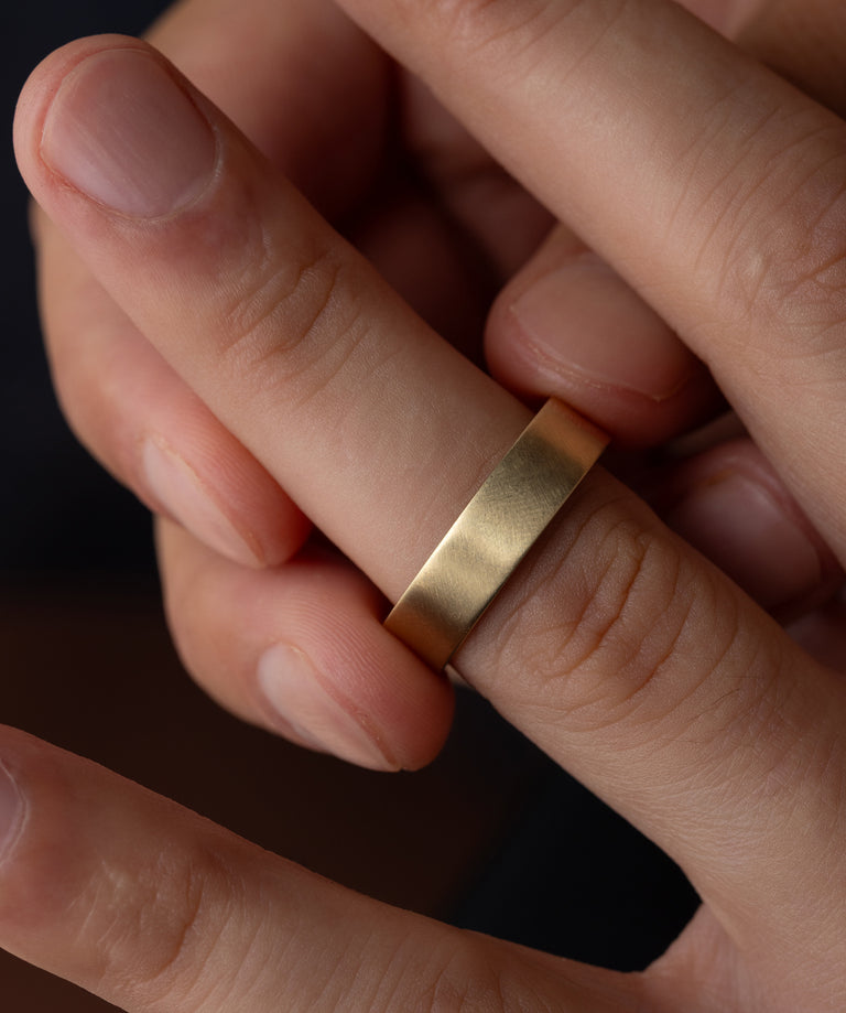 Photo showcases the Melanie Casey Flat Men's Band on a model's hand.