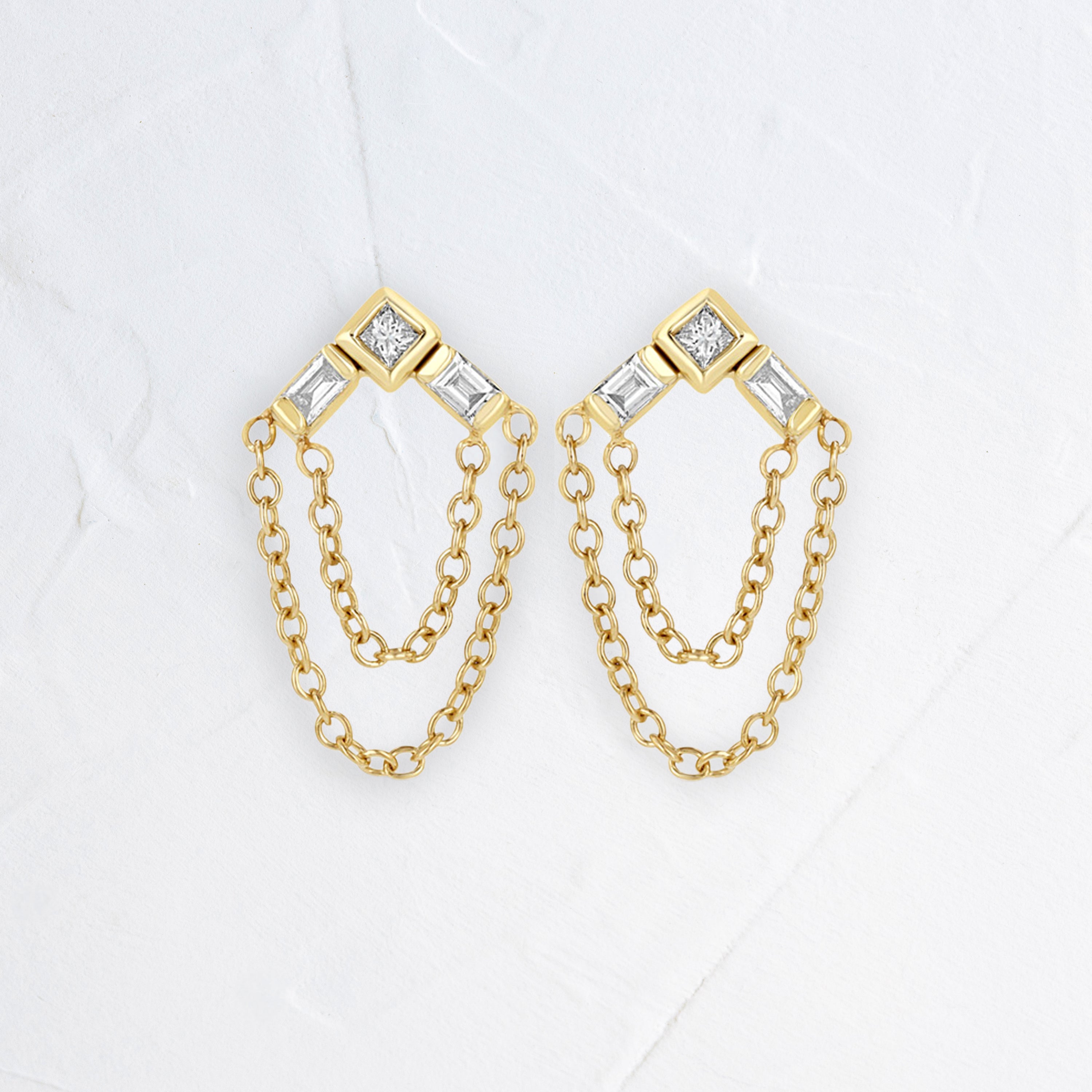 14k Princess & Baguette Diamond Arrow Chain Drop Earrings - In