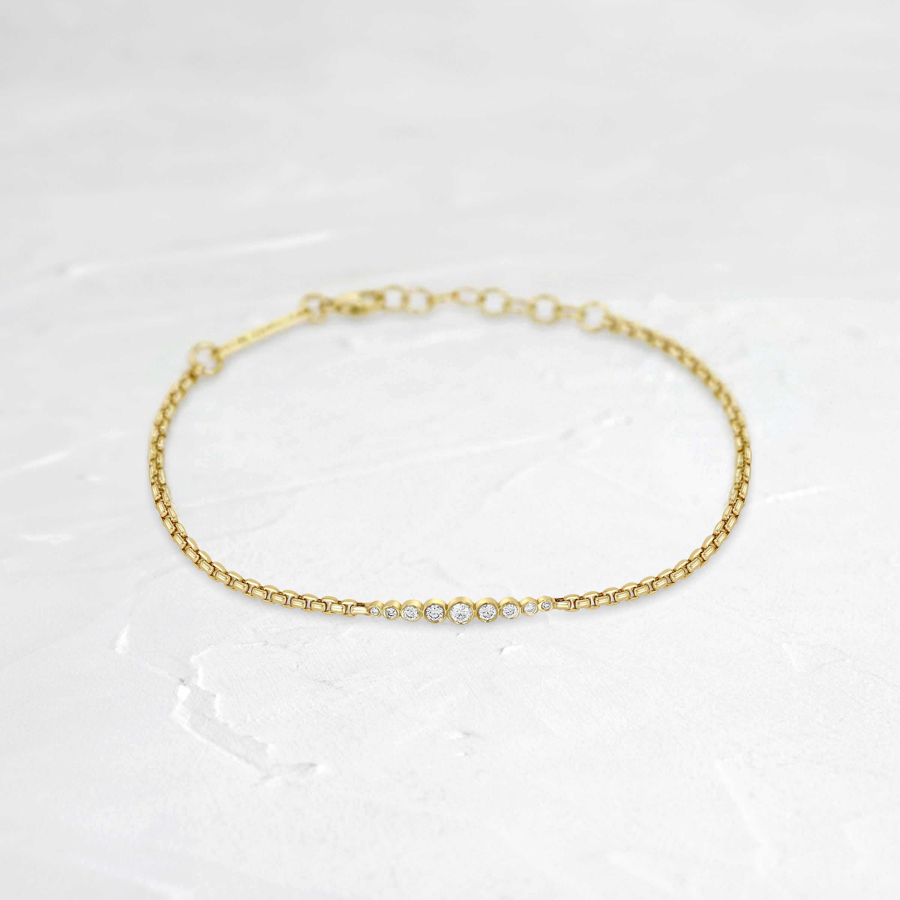 14k Graduated Diamond Bezel Small Box Chain Bracelet - In Stock