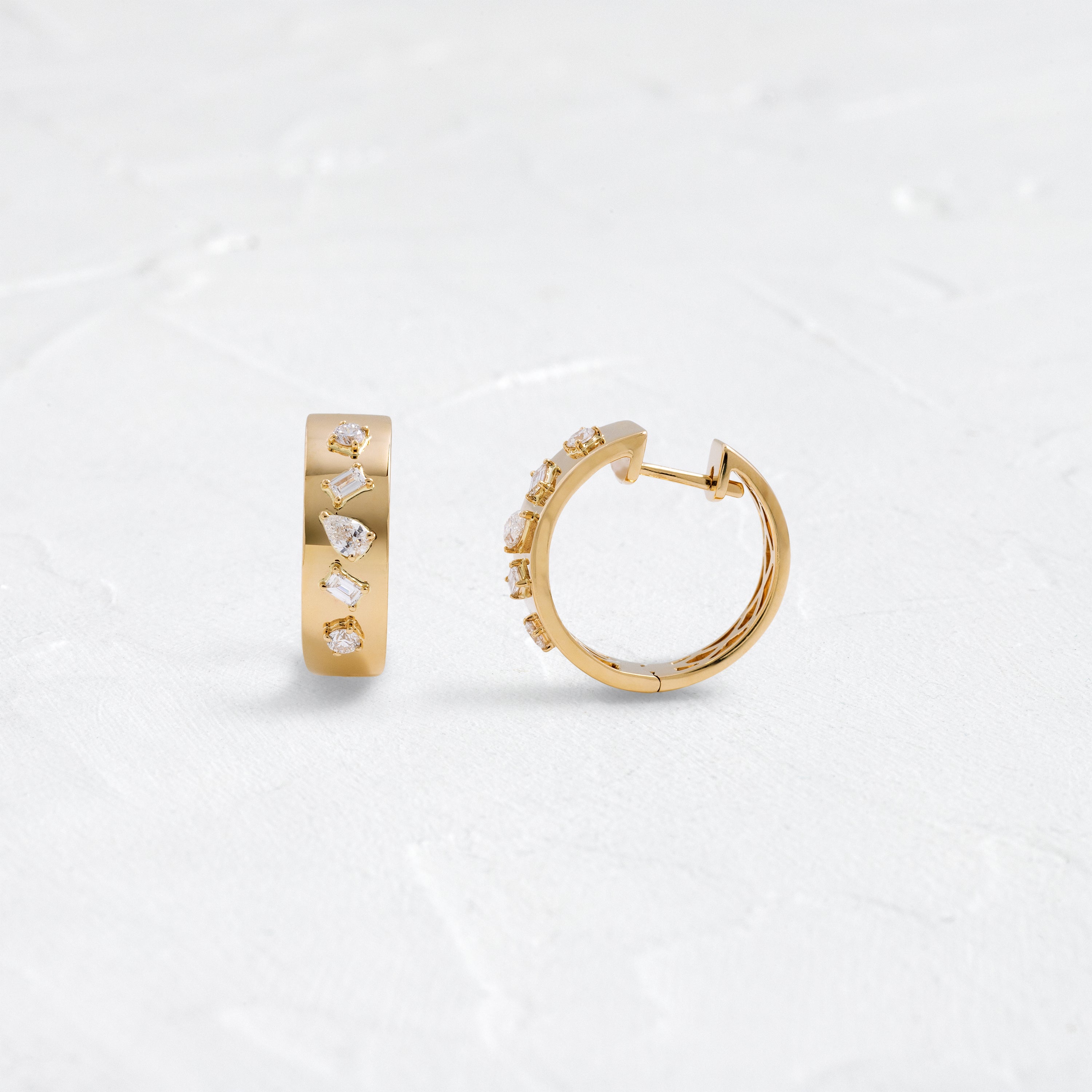 Diamond Multifaceted Gold Hoop Earrings - In Stock | EF Collection
