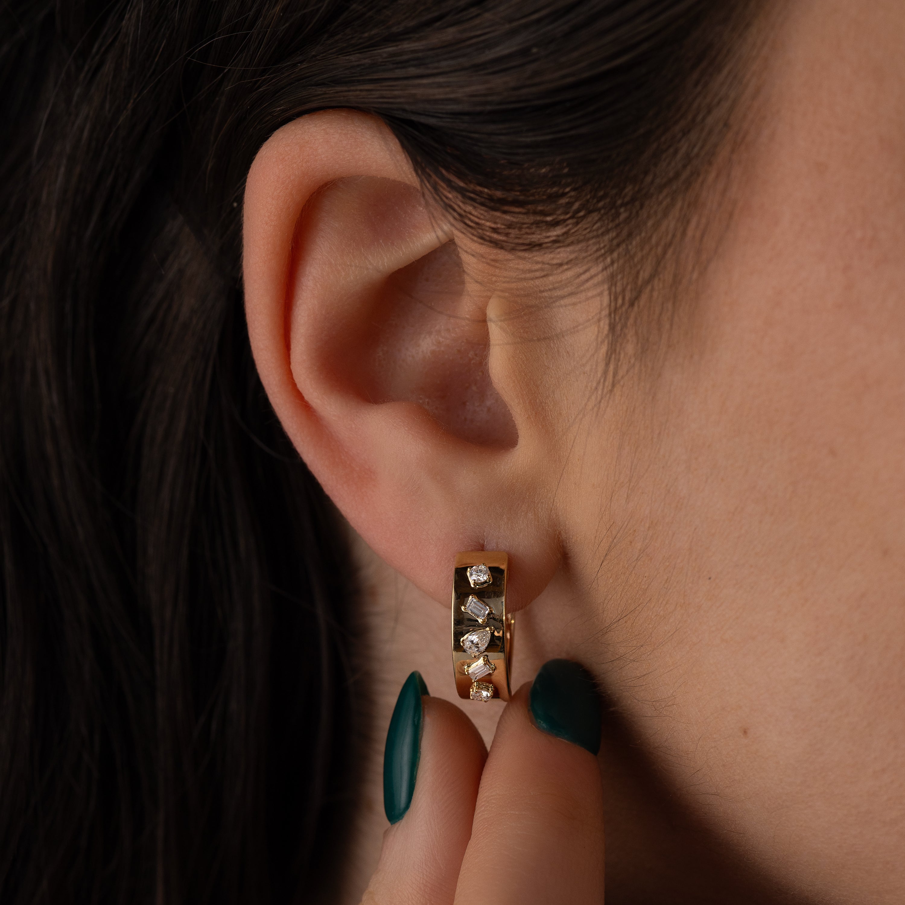 Diamond Multifaceted Gold Hoop Earrings - In Stock | EF Collection