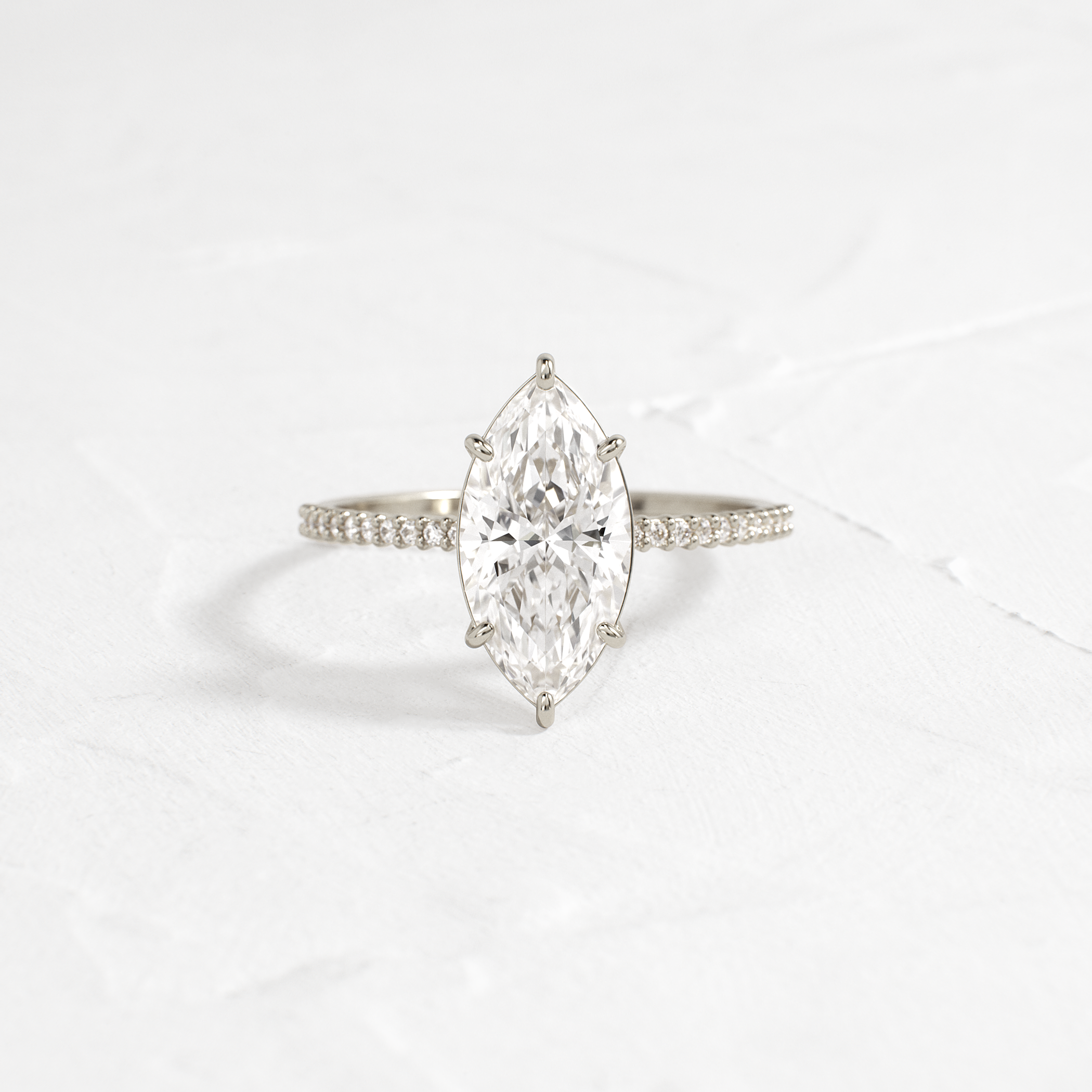 Whisper Ring with Pave Band, Marquise Cut Handcrafted Engagement