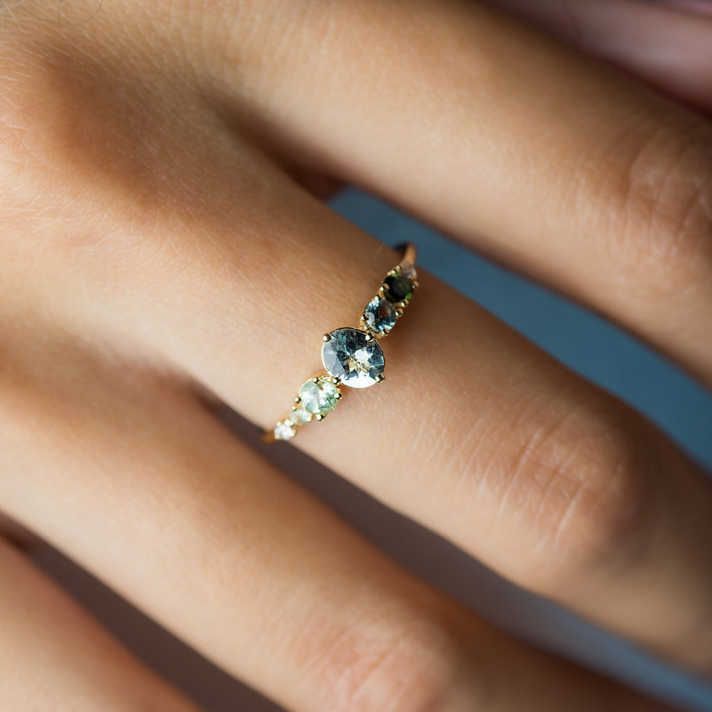 Seafoam Linear Cluster Ring with Aquamarine
