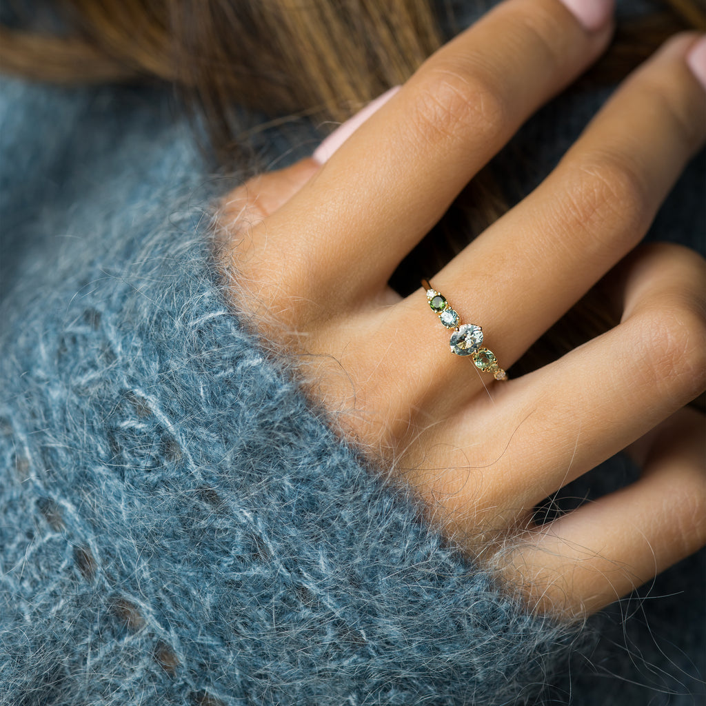 Seafoam Linear Cluster Ring with Aquamarine