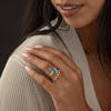 Zoom in on One of a Kind 14k Yellow Gold 4.2ct. Marquise-cut Blue Diamond Snowdrift Engagement Ring worn on model with Diamond Distance band