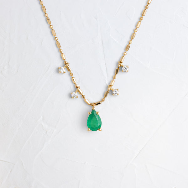 14K Pear Emerald Pendant & Dangling Diamonds Tube Bar Chain