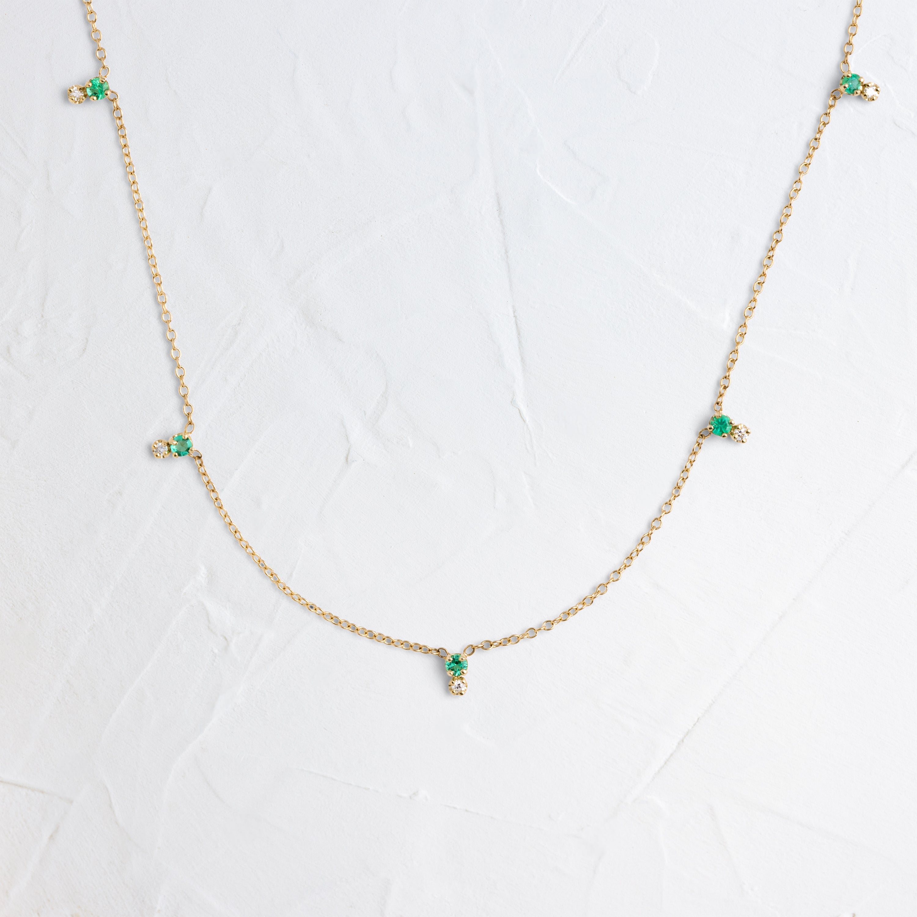14k Stacked Prong Emerald & Diamond Station Necklace - In Stock