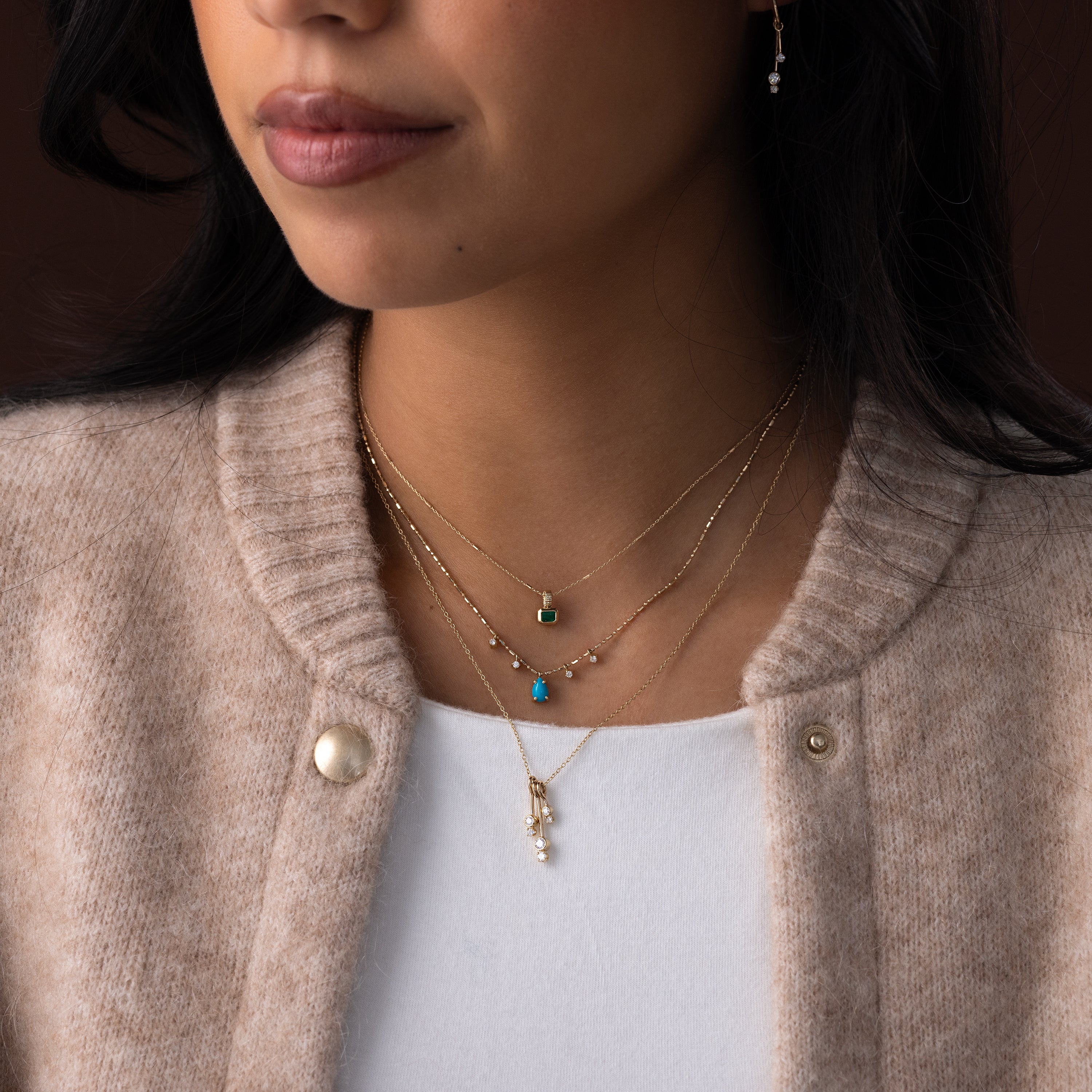 14k Tiny Bar and Cable Chain Emerald Bezel Necklace - In Stock