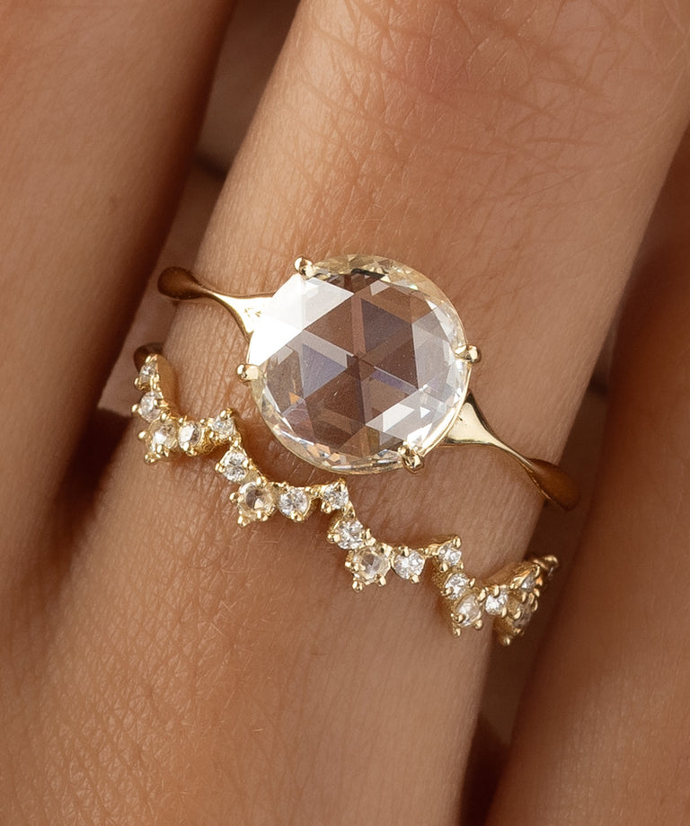 Model wearing the Rose Cut Round Corset Ring.