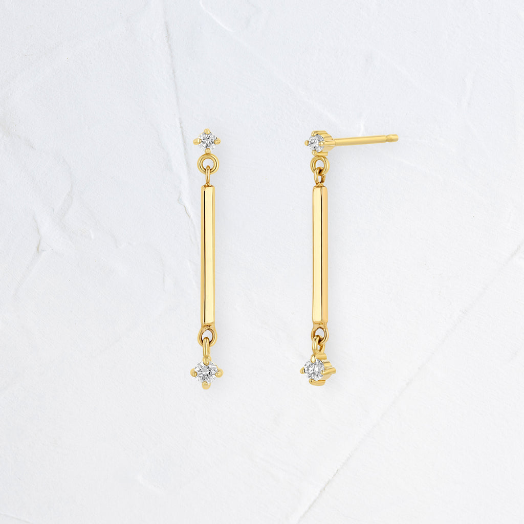 14k Gold Bar Prong Diamond Drop Earrings In Stock Zoe