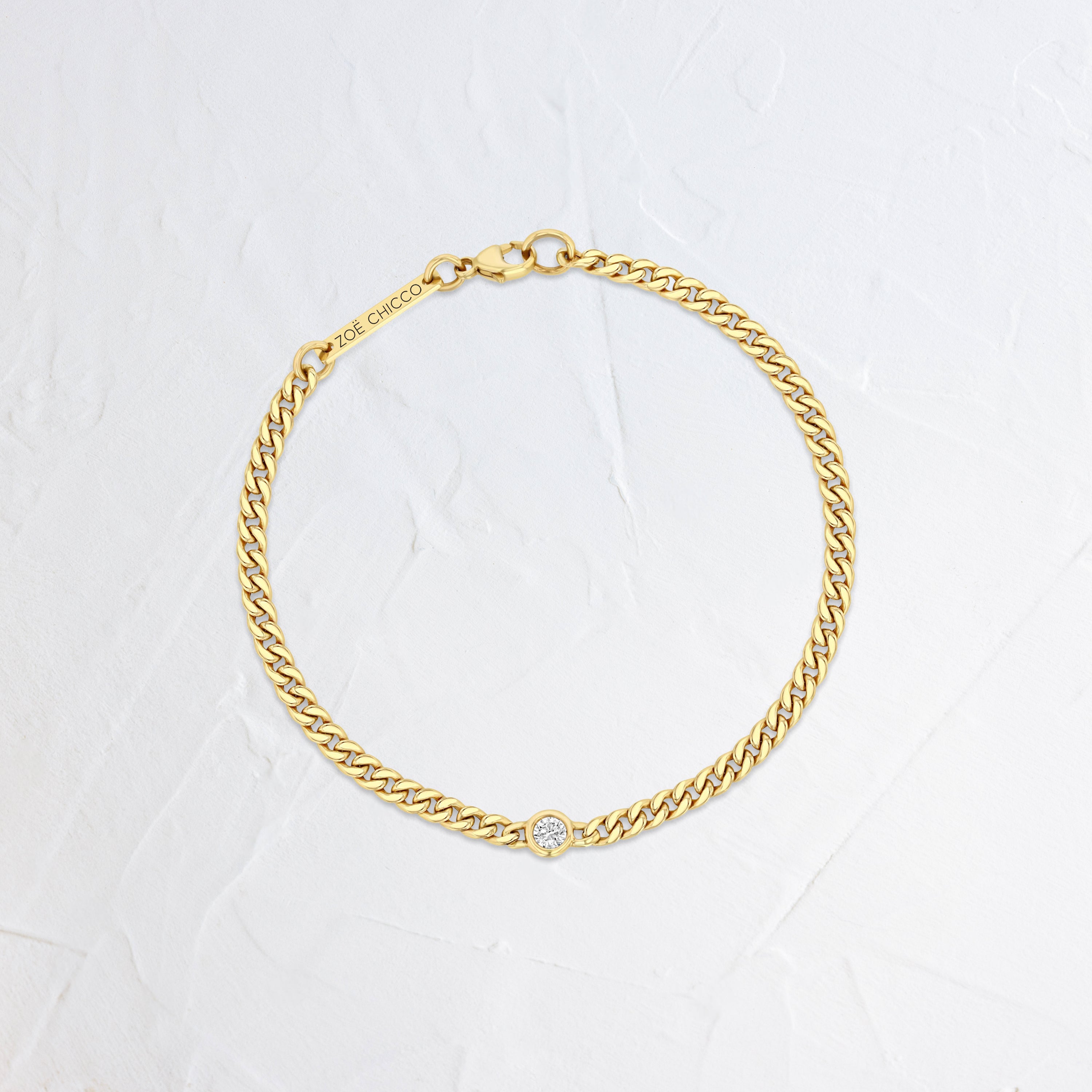 14k Small Curb Chain Bracelet with Floating Diamond - In